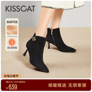 kisscat接吻猫2023年冬季加绒高跟短靴时尚尖头羊绒时装靴女