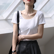 白色纯棉短袖t恤女圆领打底衫锁骨体恤低领上衣设计感黑色修身