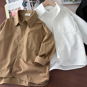 韩版男童纯棉衬衫~宽松休闲开衫，外套中大童，长袖衬衣净色翻领上衣