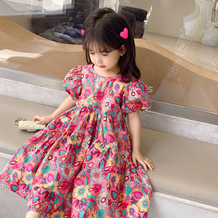 女童碎花连衣裙韩国童装2024夏季儿童短袖纯棉洋气公主棉布裙