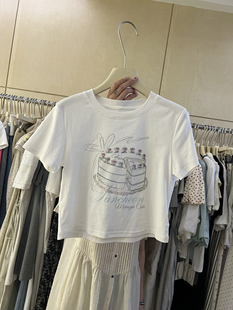 韩版夏季潮流通勤风，韩国东大门甜美印花短袖修身辣妹t恤上衣