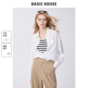 Basic House/百家好长袖衬衫2024夏季宽松休闲设计感翻领上衣