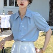 蓝色雪纺短袖衬衫女夏季V领衬衣职业气质正装面试宽松泡泡袖上衣