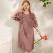 高端重磅真丝连衣裙100%桑蚕丝春夏法式设计感优雅气质泡泡袖纯色