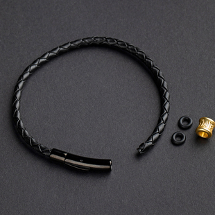 皮绳手链DIY可穿3D硬金替换黄金转运珠真皮编织粗手绳黑色半成品