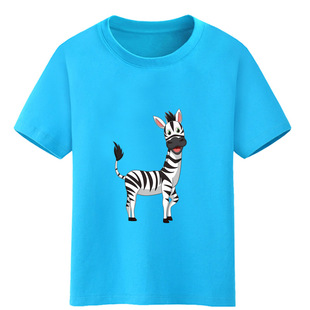动物斑马图男童装蓝色短袖女孩红色，t恤宝宝，黄色上衣黑色白色纯棉