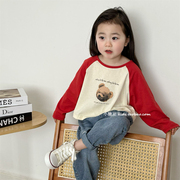 儿童可爱小熊印花长袖T恤2024春季韩版男童女童宽松圆领上衣