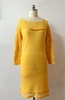 外贸原单 样衣明艳黄色蕾丝雕花拼接羊毛混纺针织连衣裙
