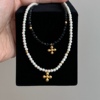 十字架黑水晶玛瑙珍珠项链，百搭锁骨链个性小众