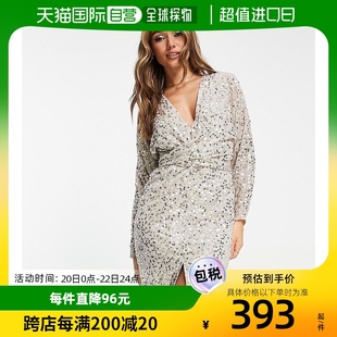 香港直邮潮奢 ASOS 女士设计蝙蝠袖裹式束腰珠片散布中长连衣裙