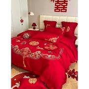 高档中式纯棉结婚四件套红色百子图刺绣被套全棉婚庆床上用品婚房