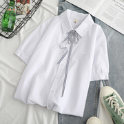 白色短袖衬衫女系带纯棉，2021夏季韩版宽松百搭女士半袖衬衣
