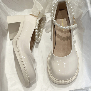 小皮鞋女厚底法式白色2023夏高级感小众粗跟增高跟玛丽珍凉鞋