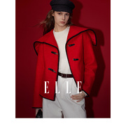 ELLE法式小香风大翻领短款外套女2024春装红色高级感气质上衣