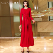 喜妈妈红色长袖连衣裙，2023秋季裙子显瘦优雅气质，大摆裙长裙