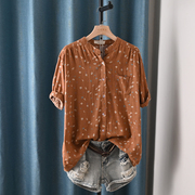 田园小碎花v领纯棉纱布，短袖衬衫女夏季宽松显瘦舒服上衣开衫