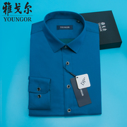 雅戈尔男士衬衫长袖湖蓝，微弹修身纯棉免烫商务，休闲中年男装男衬衣