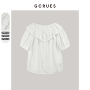 gcrues衬衫2024年夏季女装休闲度假风荷叶边一字领气质小衫女