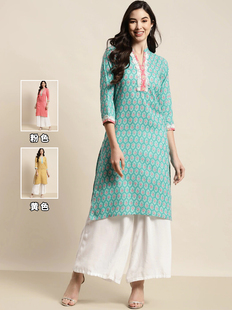 印度女装印度舞蹈服装日常上衣中长款绿色粉色印花民族风V领棉