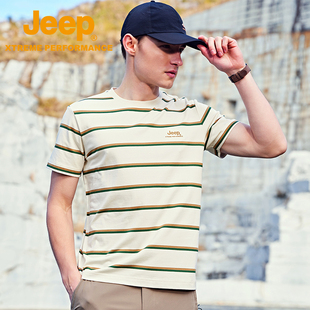 jeep短袖t恤男夏季吸汗透气圆领，纯棉条纹户外休闲运动体恤衫