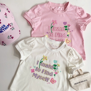 100-145韩系女童贝家两色印花刺绣亮片字母速干面料，泡泡短袖t恤