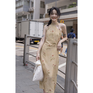 觅定新中式连衣裙女夏季性感，无袖挂脖中国风旗袍，裙子气质碎花长裙