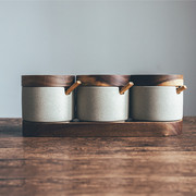 复古日式调味罐套装厨房盐糖收纳盒有木盖托盘中式陶瓷佐料罐