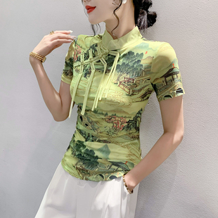 时尚印花网纱T恤女短袖夏装中国风复古盘扣立领上衣洋气小衫