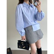 韩国设计师CherryKoko翻领细格长袖衬衫女春季韩版宽松单排扣