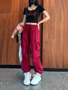 欧美高街hiphop工装裤子女夏秋冬美式高腰直筒束脚复古红色运动裤