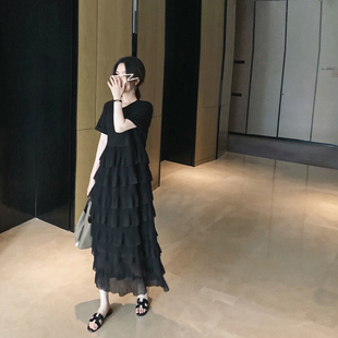 misslady韩国气质复古设计款显瘦套头，短袖圆领下摆蛋糕黑色连衣裙