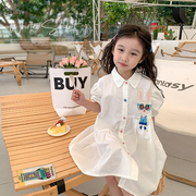 女童白色衬衫裙2024夏季宝宝洋气短袖长裙韩版儿童兔子连衣裙