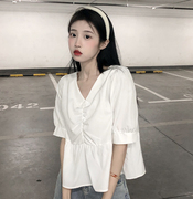 韩系小清新甜美泡泡袖方领套头衬衫女夏季个性小众显瘦上衣潮