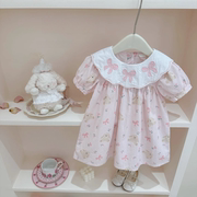 韩版童装女童洋气连衣裙夏装，宝宝时髦可爱娃娃领卡通印花裙子