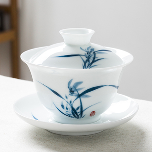手绘三才盖碗茶杯大号白瓷单个青花瓷，功夫泡喝敬沏陶瓷茶具中式