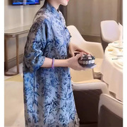 新中式复古国风青花瓷改良旗袍裙，大码胖mm宽松显瘦长款衬衫上衣女