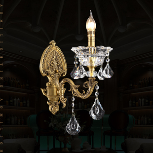 澳米欧式客厅，全铜单头水晶壁灯美式卧室，温馨水晶壁灯铜灯
