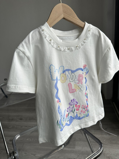 甜美可爱~女童夏季 钉珠花边圆领 花朵字母印花白色短袖T恤