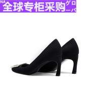日本黑色真皮高跟鞋女2022秋季方头，扣设计感小众法式细跟