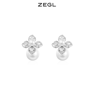 ZEGL高级感人造珍珠花朵耳钉小众设计气质耳环韩国925银针耳饰品