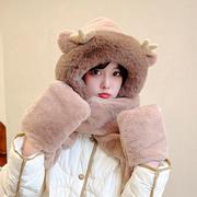 秋冬季毛绒可爱手套围巾连体三件套户外保暖加厚甜美套头帽子