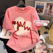 粉色重工立体玫瑰花短袖T恤女2022春夏设计感小众宽松上衣潮