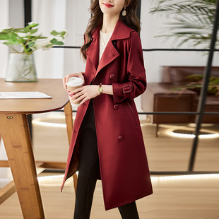 名牌高端品质酒红色，风衣外套女春季西装领洋气中长款时髦大衣