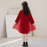 女童秋冬连衣裙加厚唐装中国风，红色2023拜年服中大童长袖裙子