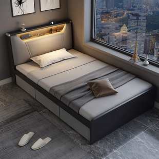 床现代简约1.2m单人床，北欧小户型带灯高箱储物床家用榻榻米收纳床