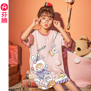 芬腾女童装睡裙夏季纯棉短袖可爱卡通韩版中大童可外穿家居服睡衣