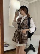韩国复古气质千鸟格编织马甲，外套+翻领净版中长款衬衫+腰带