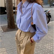2020韩版条纹衬衫宽松百搭蓝色衬衣女秋款 长袖常规通勤上衣