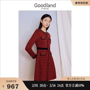 goodland美地女装，2023冬季经典千鸟格，提花圆领收腰针织连衣裙