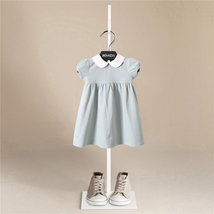夏装白娃娃(白娃娃)领短袖连衣裙全棉2023年小女孩，儿童公主裙子英伦风